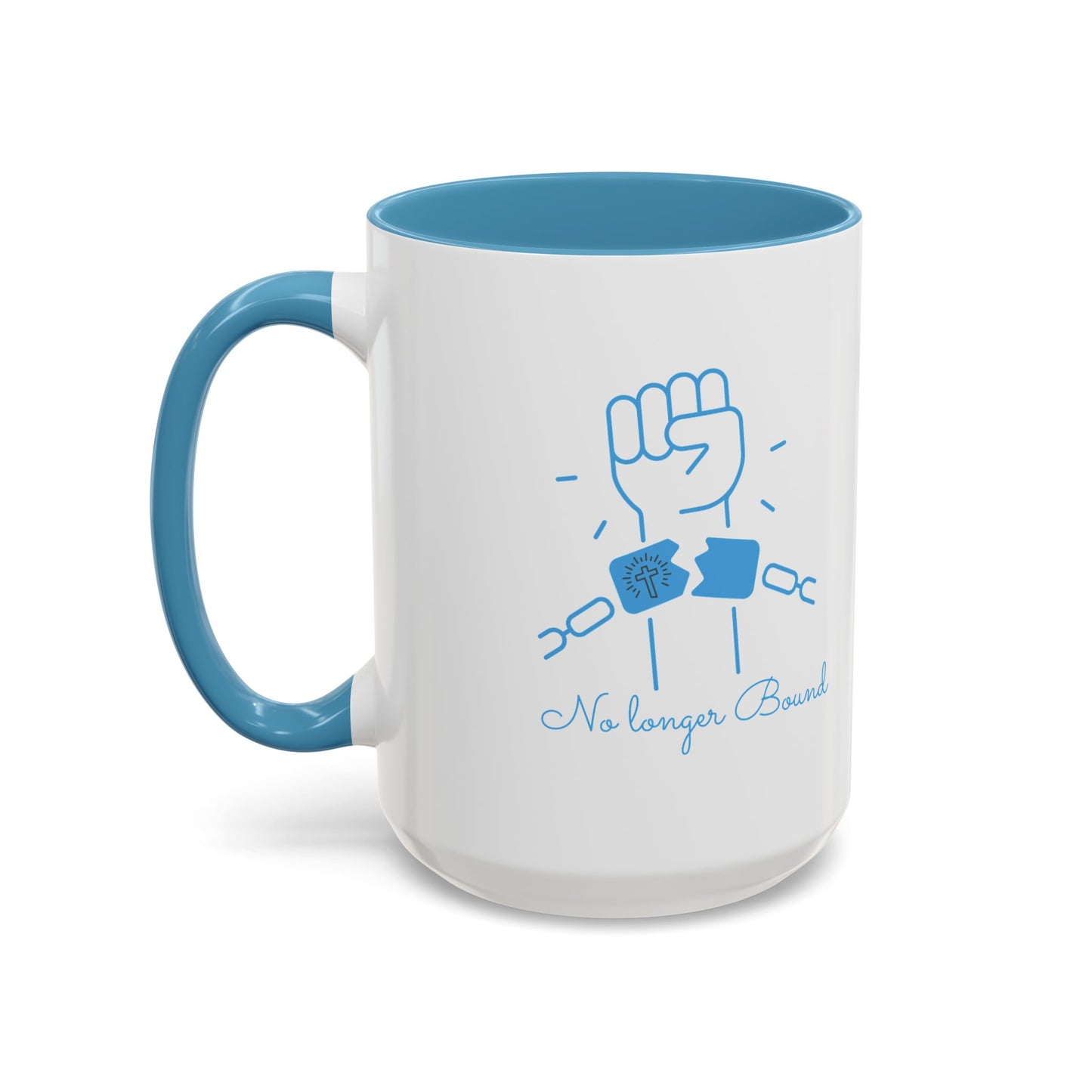 No Longer Bound Coffee Cup with Light Blue Interior – Stylish & Inspirational Mug